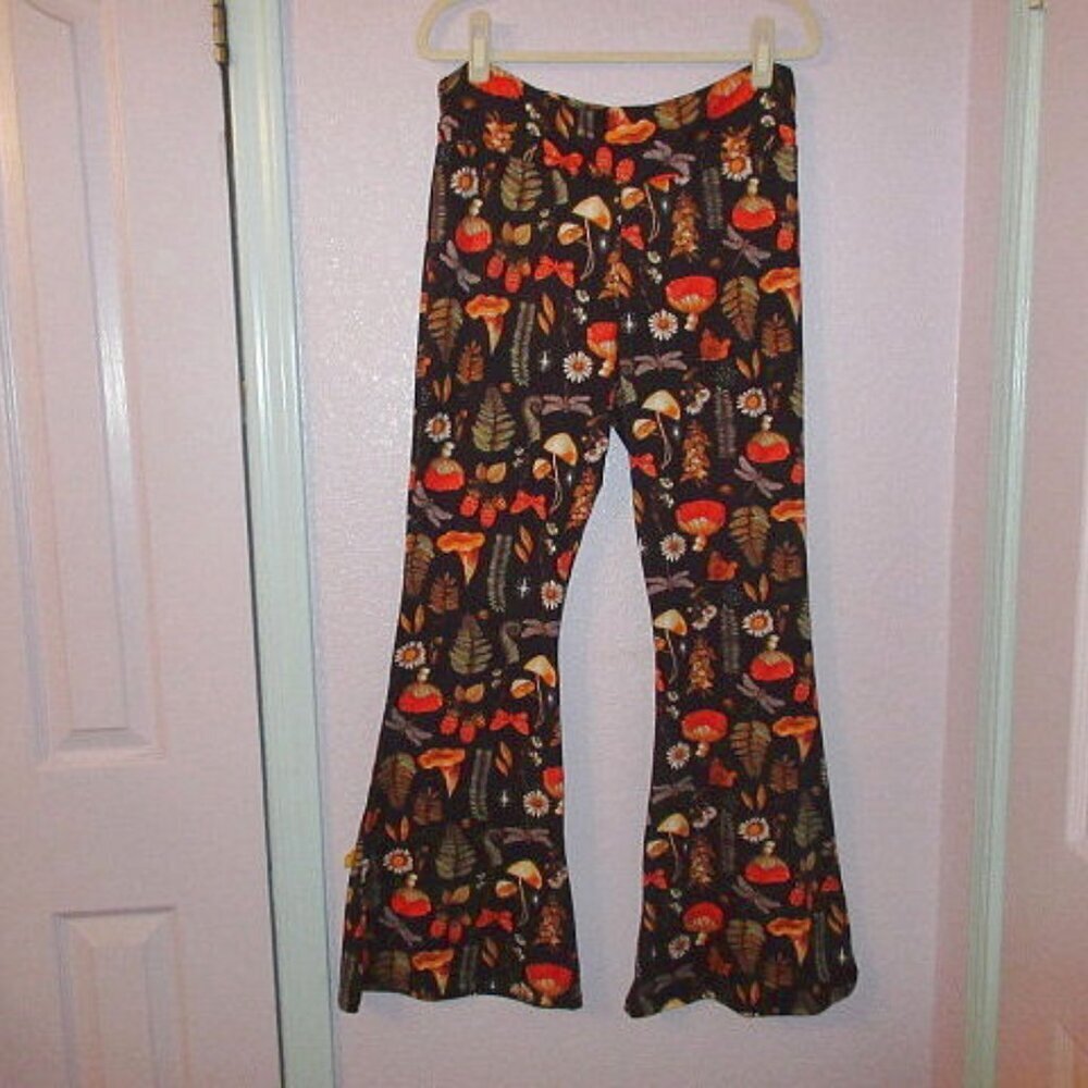 Earthbound Wide Leg Pull On Pants XL Flare High Rise Floral Mushroom Hippie Boho